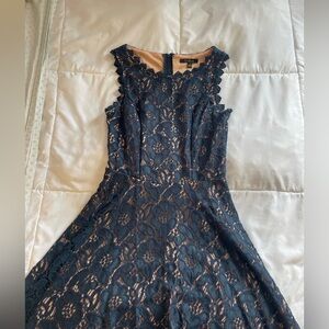 Navy blue floral dress.